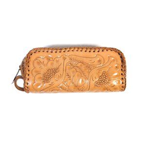 NEW Vintage Clifton's Hand Tooled Leather Wallet Clutch Floral Design Zip